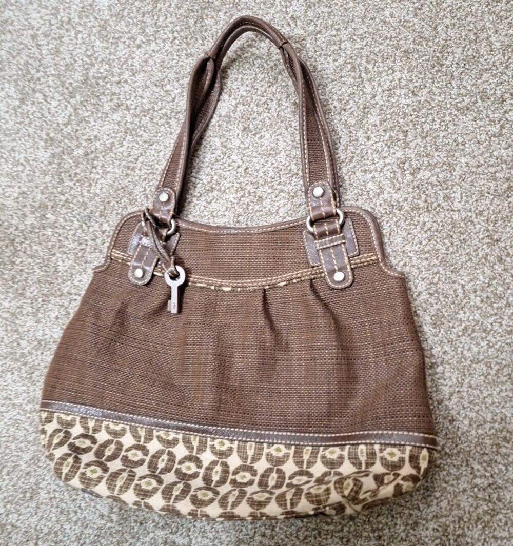 Fossil Shoulder Bag Natural Woven Fabric Leather Trim Wooden Key Charm Purse